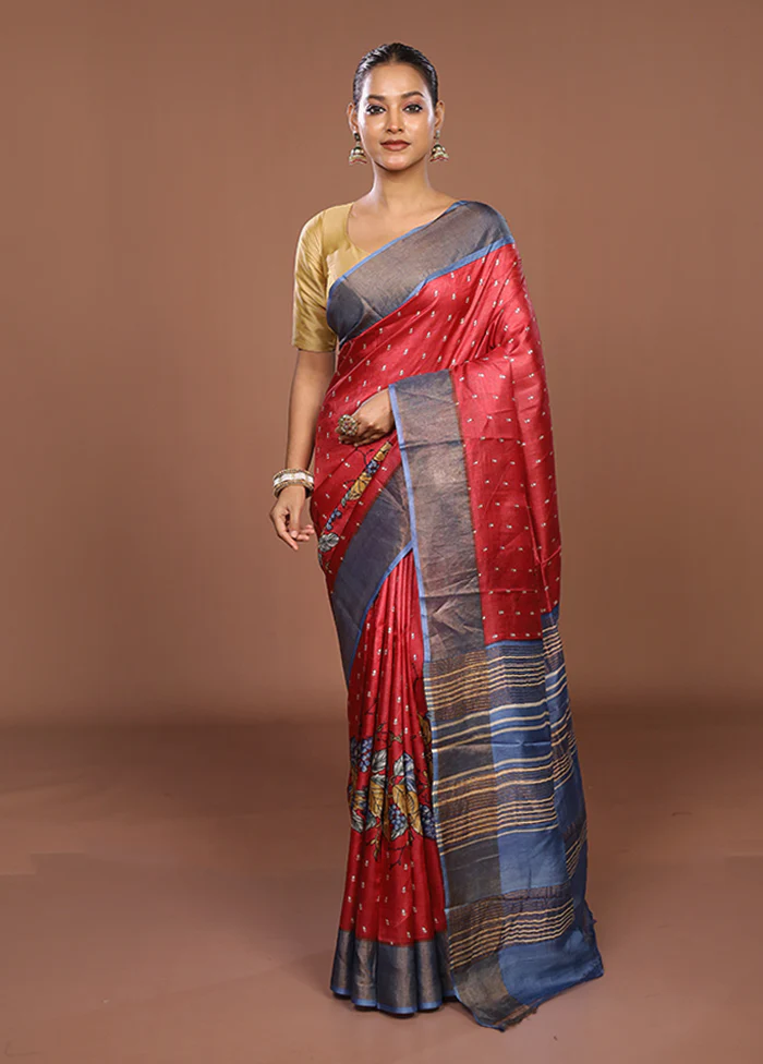Red Tussar Silk Saree With Blouse Piece - Image 2