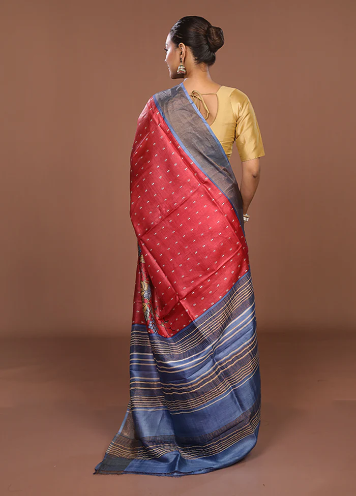 Red Tussar Silk Saree With Blouse Piece - Image 3