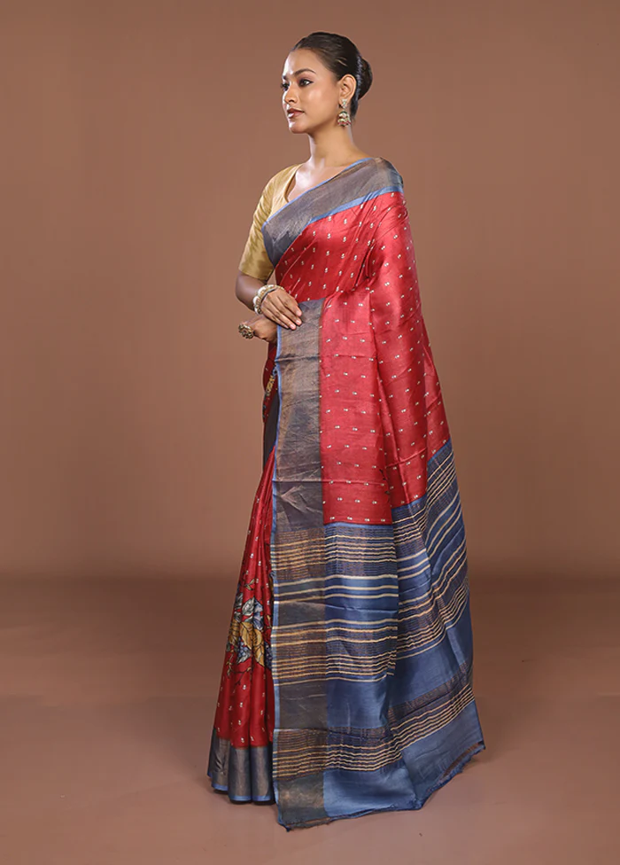 Red Tussar Silk Saree With Blouse Piece - Image 4