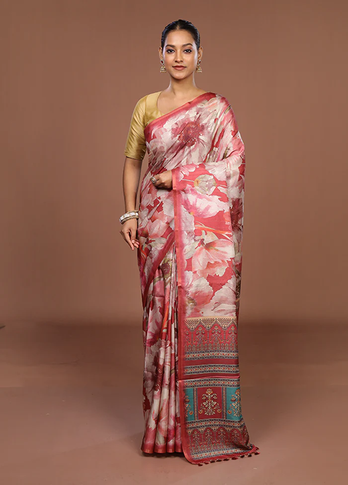 Red Tussar Silk Saree With Blouse Piece - Image 2