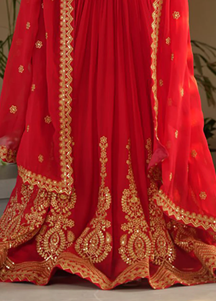 Red Woven Work Silk Gown With Dupatta - Image 3