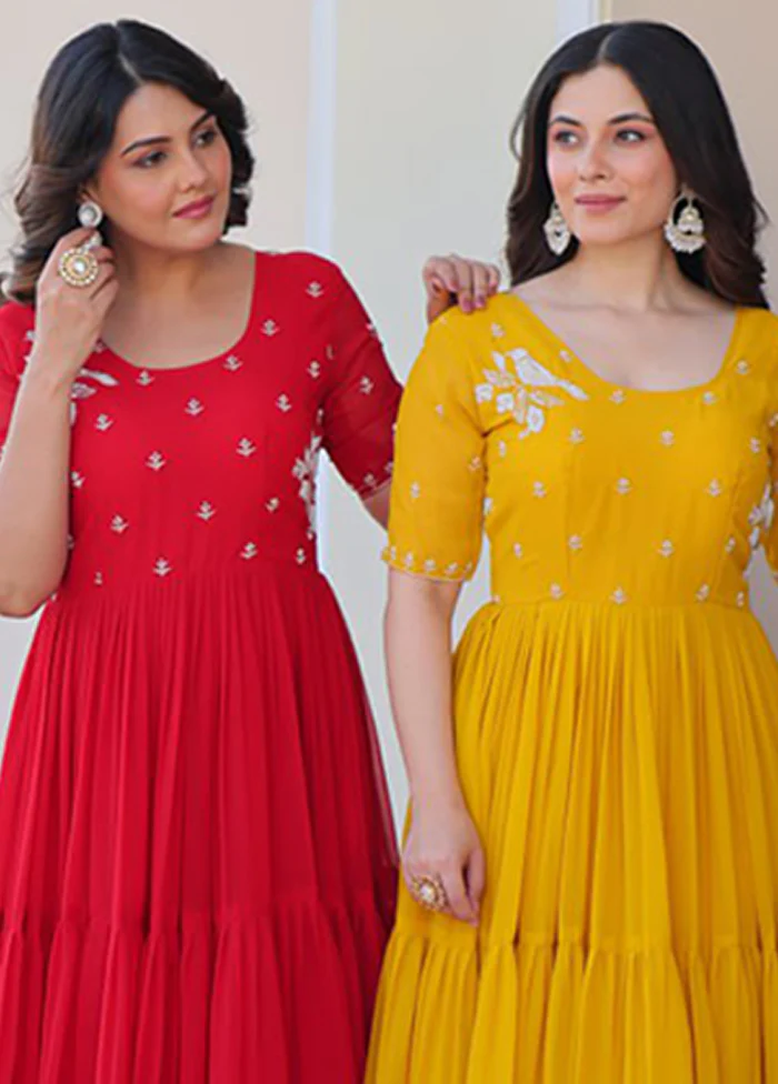 Red & Yellow Woven Work Silk Gown pack of 2 - Image 2