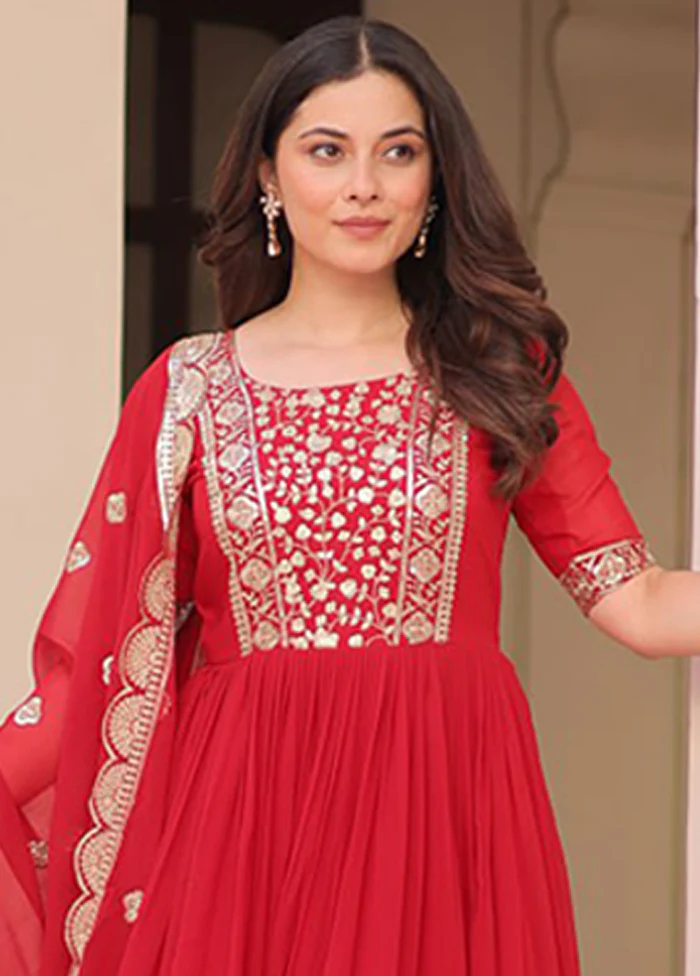 Red Woven Work Silk Gown With Dupatta - Image 2