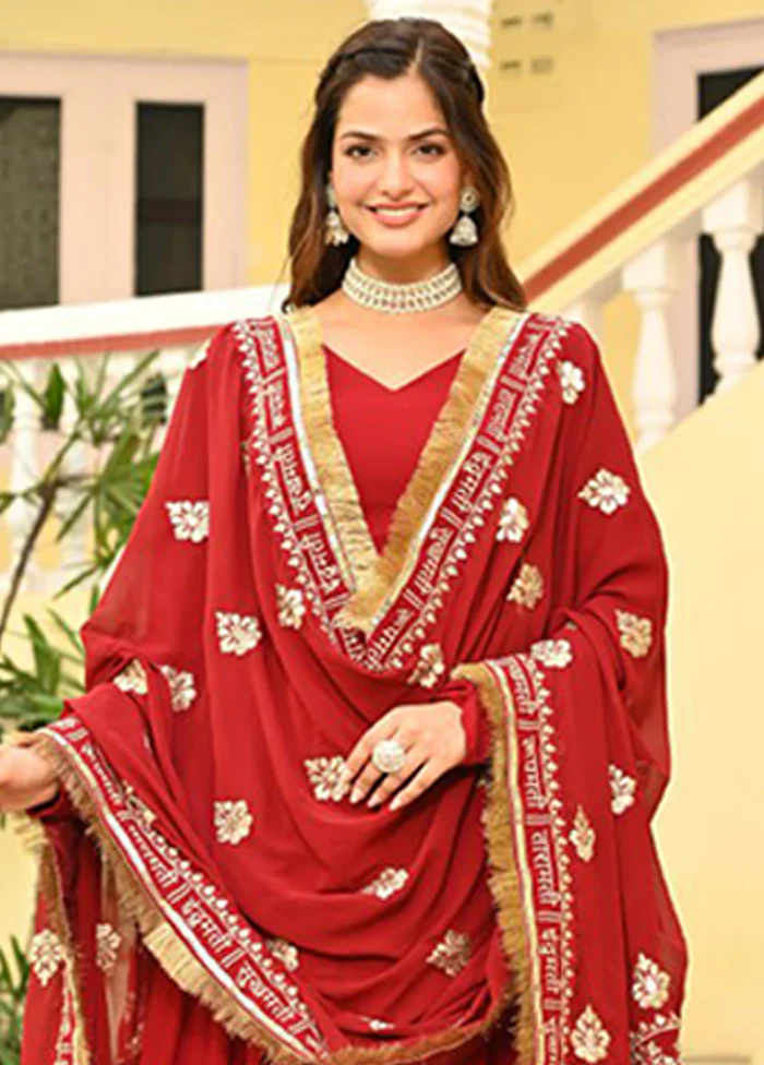 Red Woven Work Silk Gown With Dupatta - Image 2