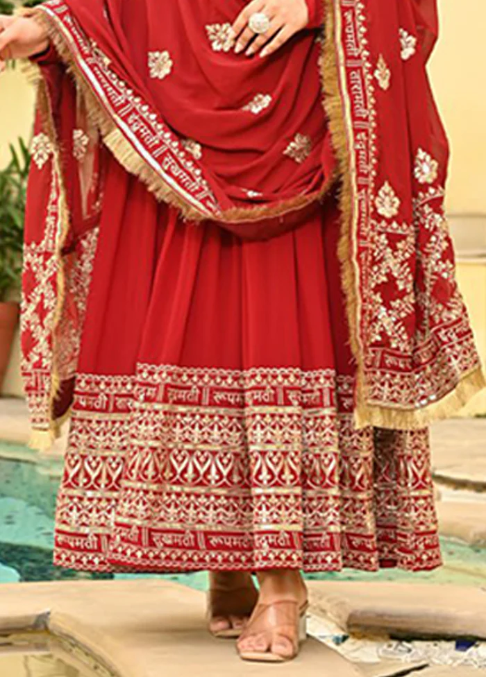 Red Woven Work Silk Gown With Dupatta - Image 3