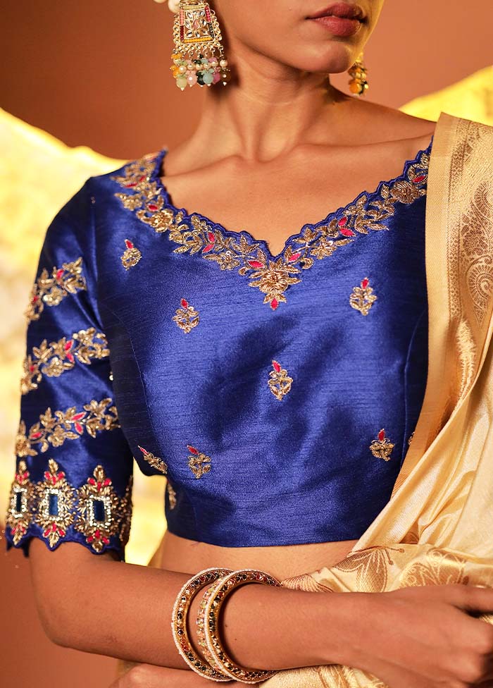 Royal Blue Sweetheart Neck Designer Blouse Piece - Image 4