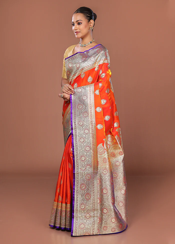 Rust Banarasi Silk Saree With Blouse Piece - Image 4