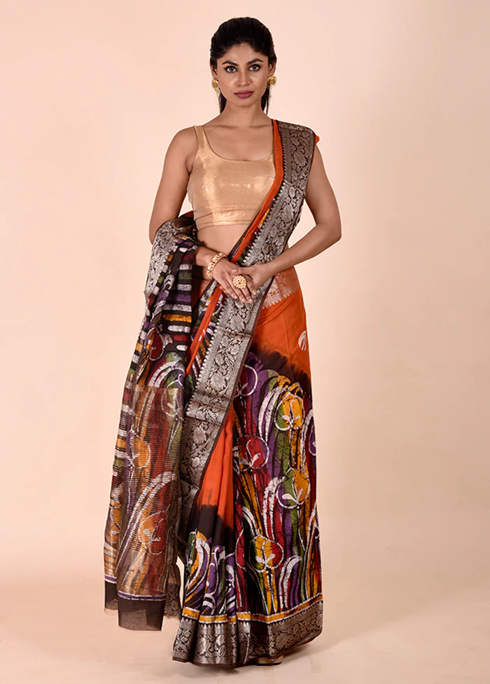 Rust Chanderi Cotton Saree With Blouse Piece - Image 2