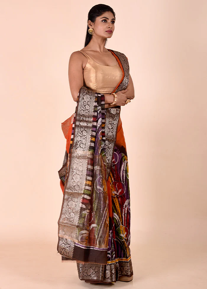 Rust Chanderi Cotton Saree With Blouse Piece - Image 4