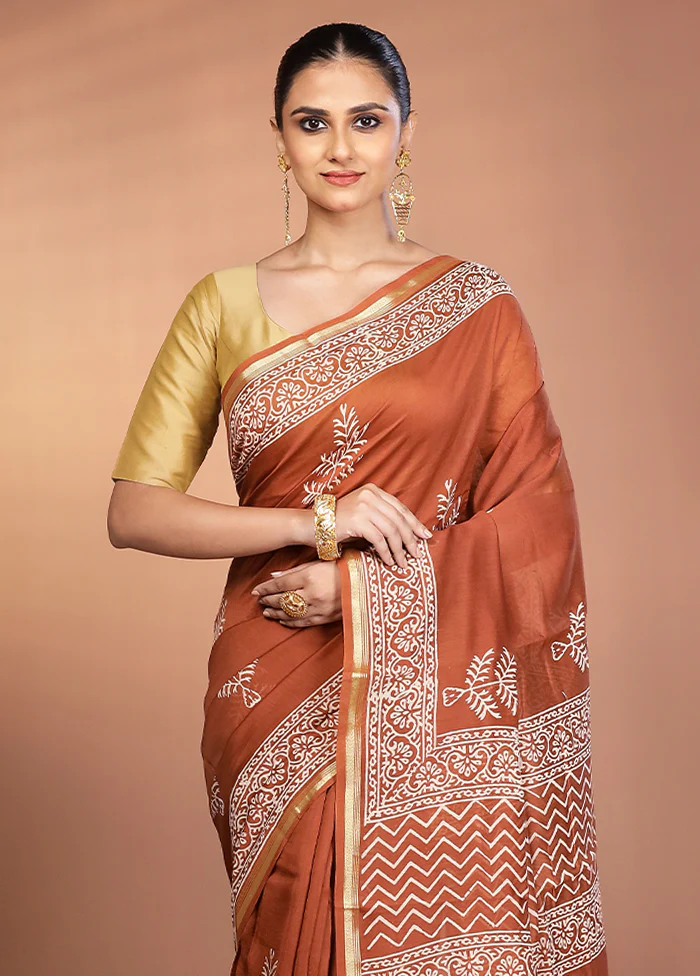 Rust Chanderi Silk Saree With Blouse Piece
