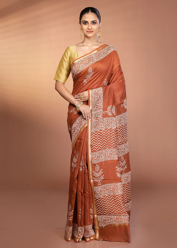 Rust Chanderi Silk Saree With Blouse Piece - Image 2