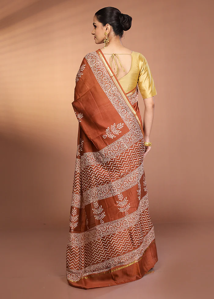 Rust Chanderi Silk Saree With Blouse Piece - Image 3