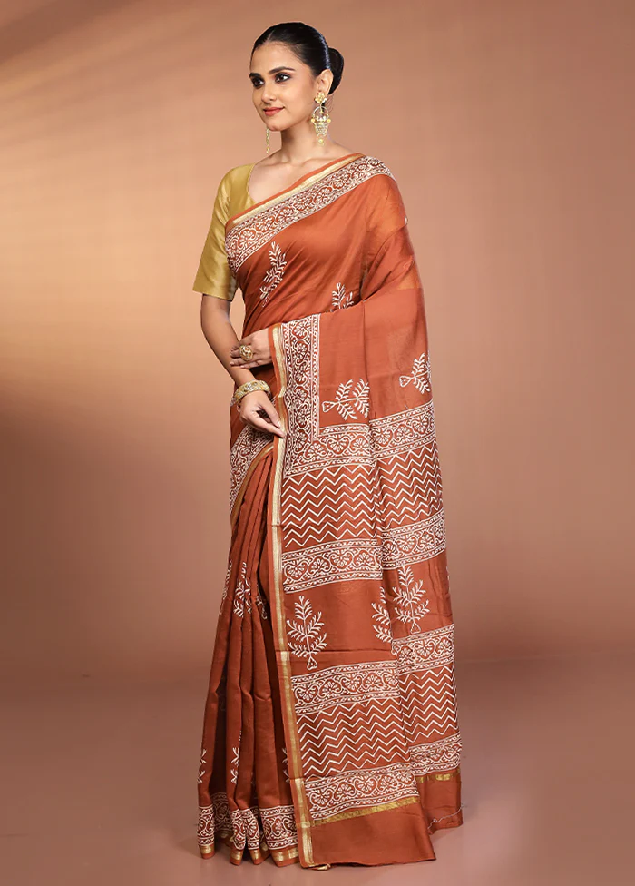 Rust Chanderi Silk Saree With Blouse Piece - Image 4