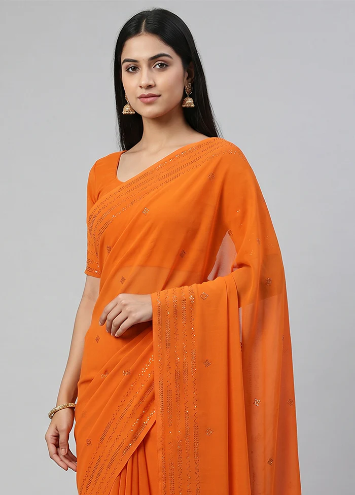 Rust Chiffon Silk Saree With Blouse Piece - Image 2