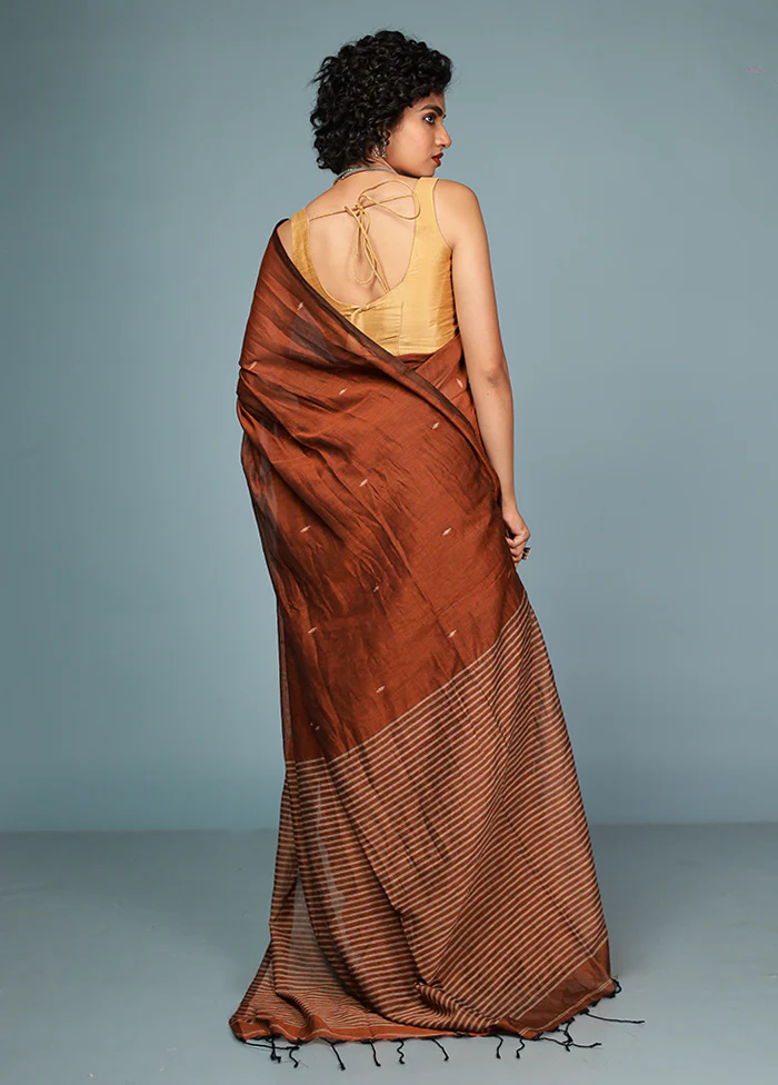 Rust Cotton Saree With Blouse Piece - Image 3