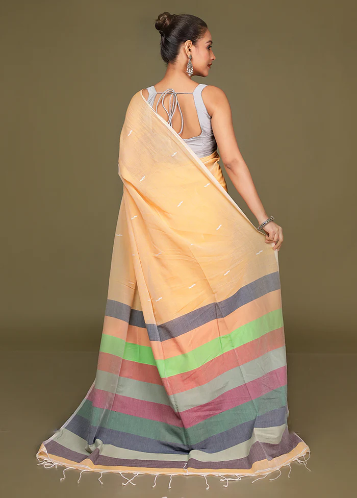 Yellow Cotton Saree With Blouse Piece - Image 3