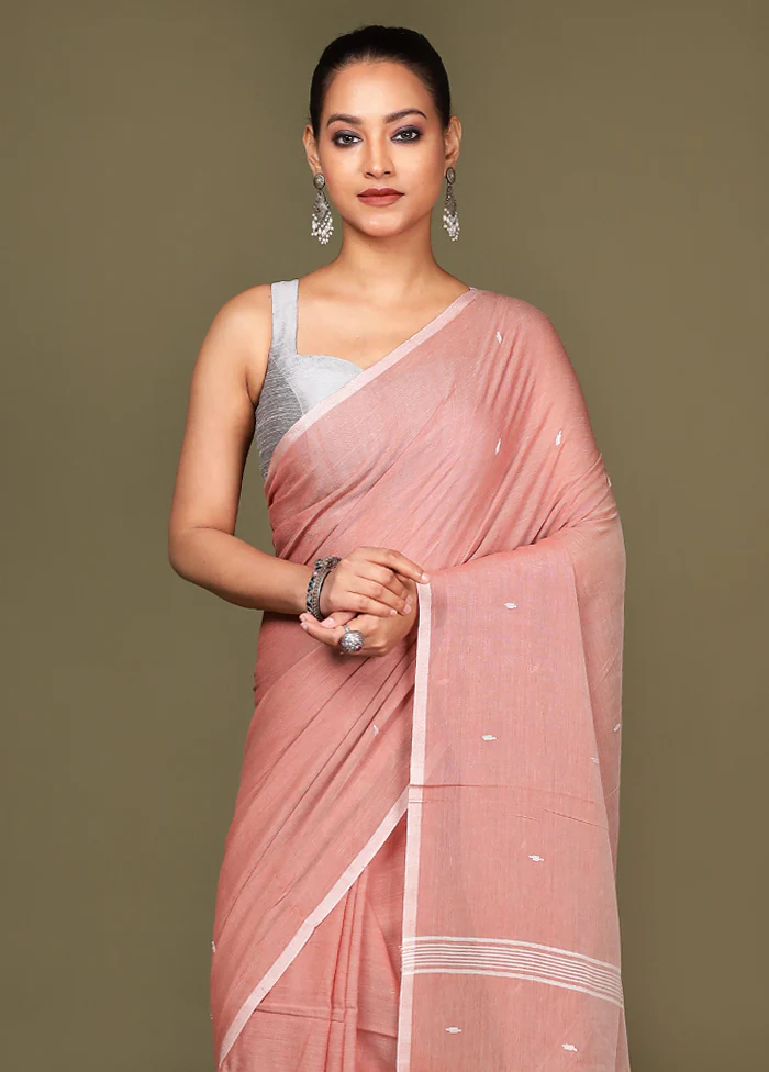 Peach Cotton Saree With Blouse Piece