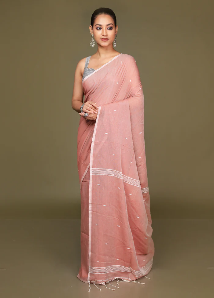 Peach Cotton Saree With Blouse Piece - Image 4