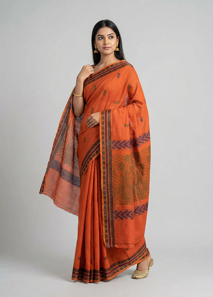 Rust Cotton Saree With Blouse Piece