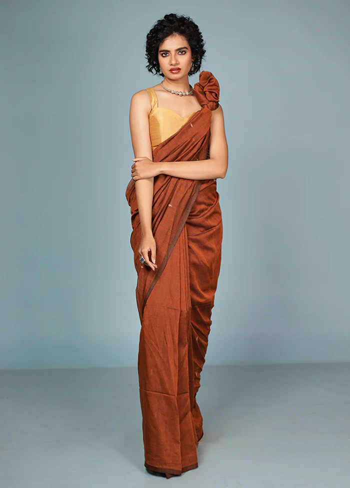 Rust Cotton Saree Without Blouse Piece - Image 2