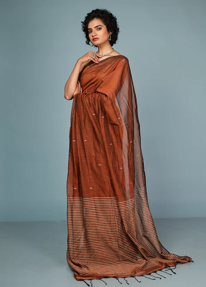 Rust Cotton Saree Without Blouse Piece - Image 4