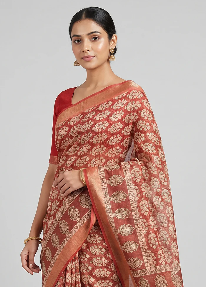 Rust Dupion Silk Saree With Blouse Piece - Image 2