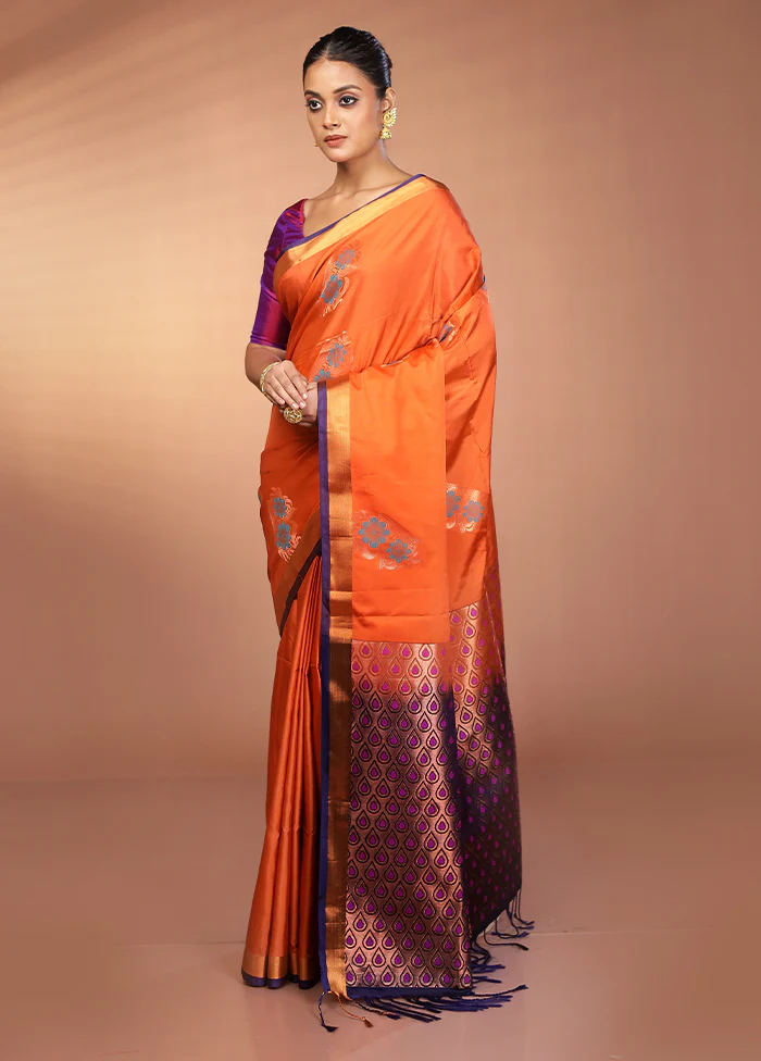 Rust Dupion Silk Saree With Blouse Piece - Image 4
