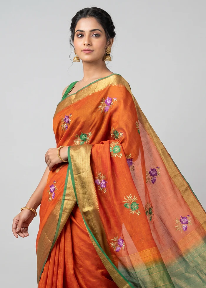 Rust Dupion Silk Saree With Blouse Piece - Image 2