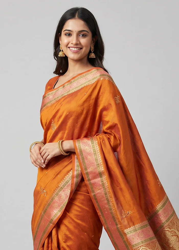 Rust Dupion Silk Saree With Blouse Piece - Image 2