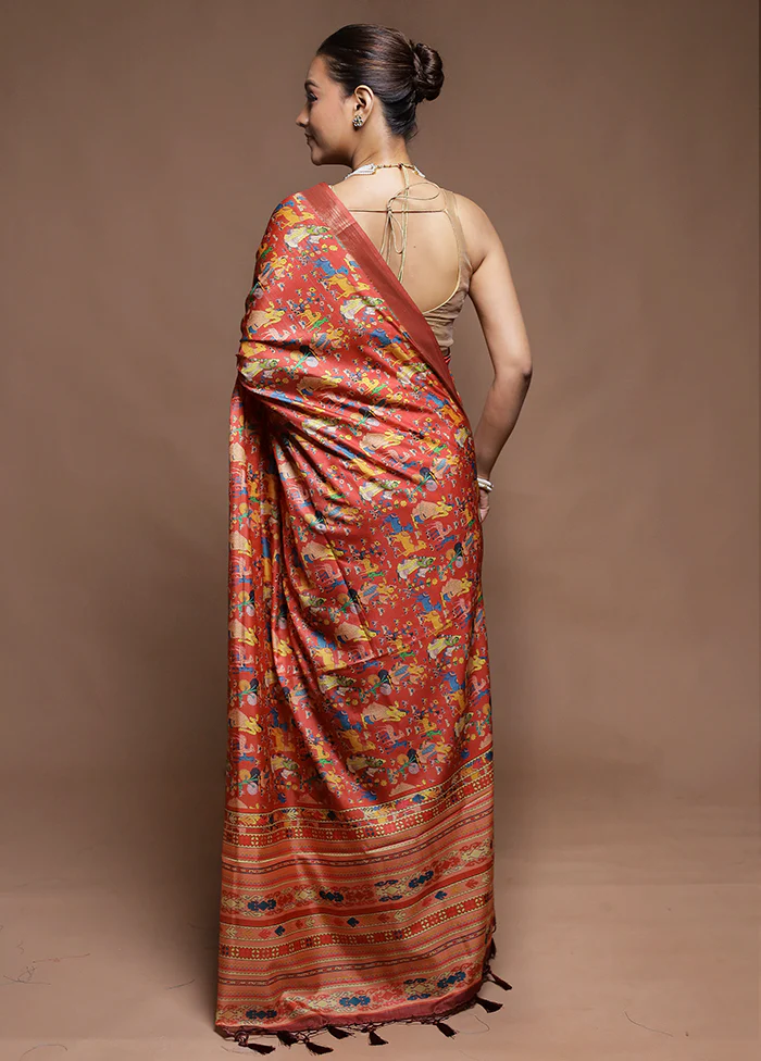 Rust Dupion Silk Saree With Blouse Piece - Image 3
