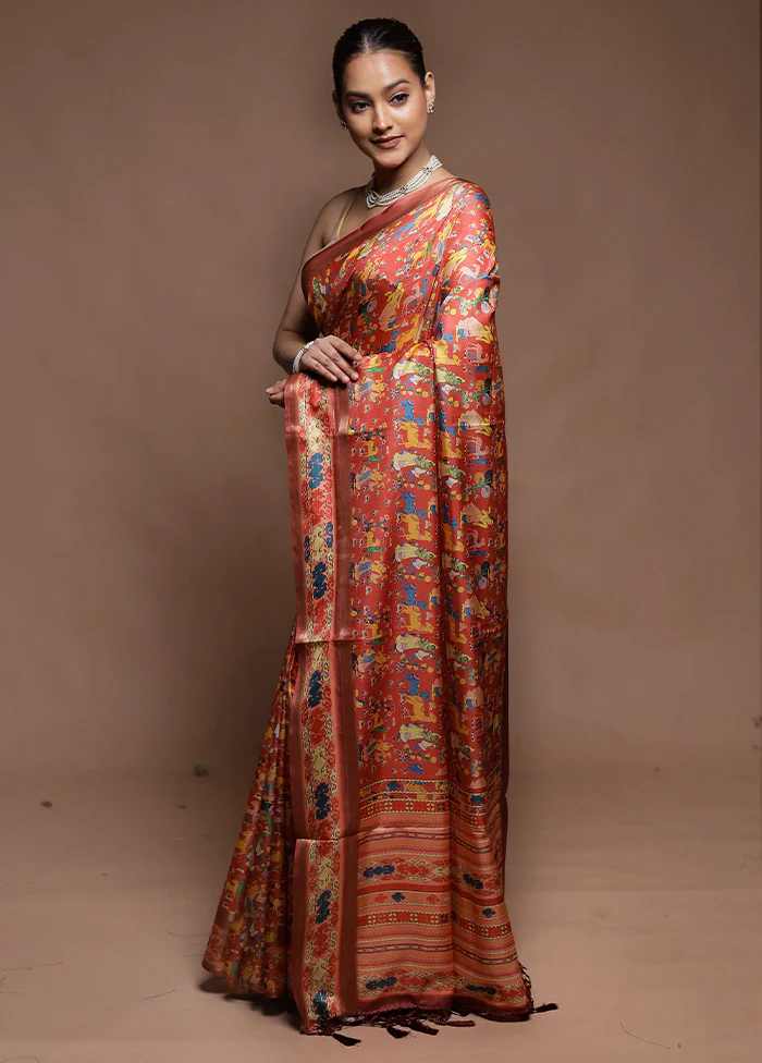 Rust Dupion Silk Saree With Blouse Piece - Image 4
