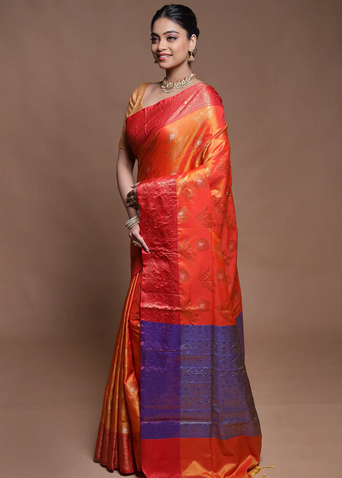 Rust Dupion Silk Saree With Blouse Piece - Image 4