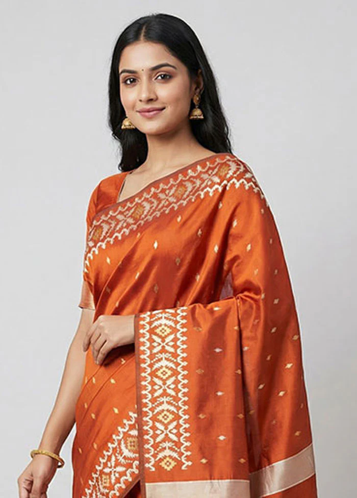 Rust Dupion Silk Saree With Blouse Piece - Image 2
