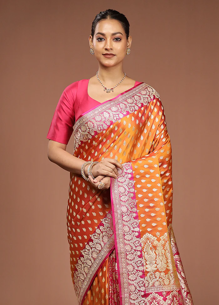 Rust Handloom Banarasi Pure Silk Saree With Blouse Piece