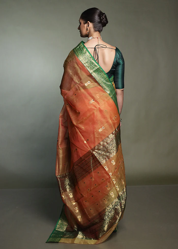 Rust Handloom Chanderi Pure Cotton Saree With Blouse Piece - Image 3