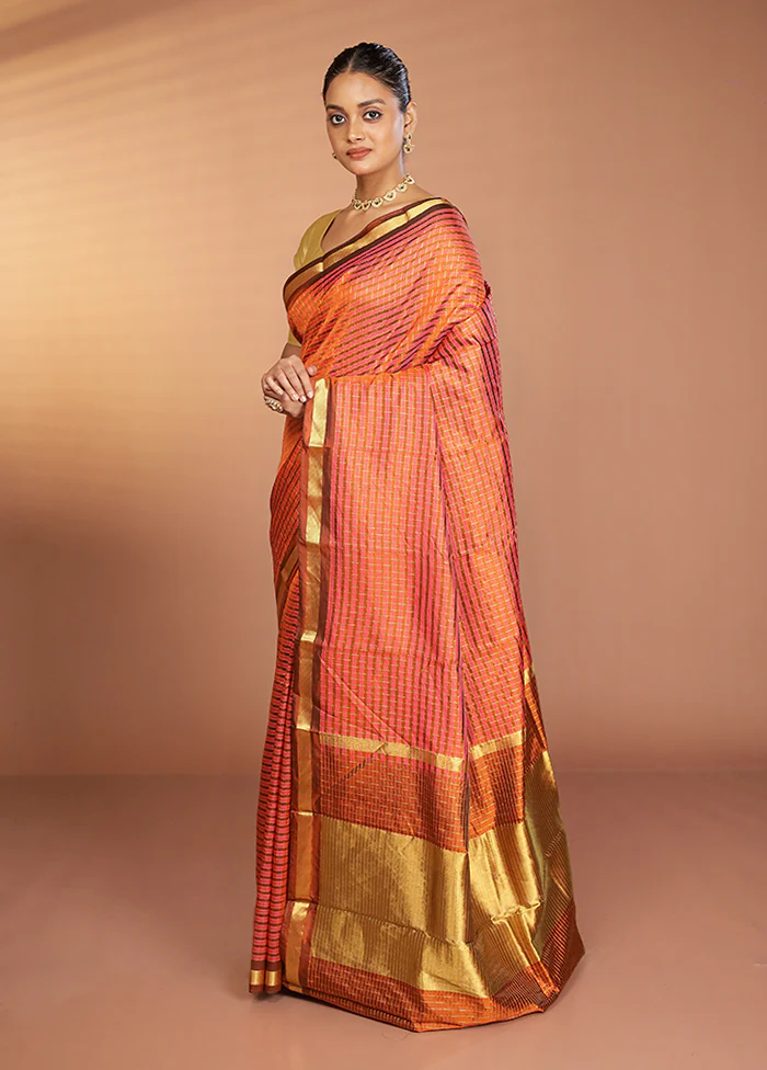 Rust Handloom Kanjivaram Pure Silk Saree With Blouse Piece - Image 4