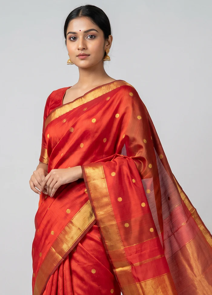 Rust Handloom Kanjivaram Pure Silk Saree With Blouse Piece - Image 2