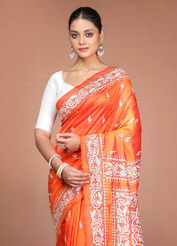 Rust Handloom Kantha Stitch Pure Silk Saree With Blouse Piece