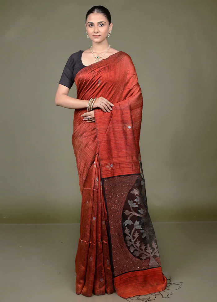 Rust Handloom Matka Pure Silk Saree With Blouse Piece - Image 2