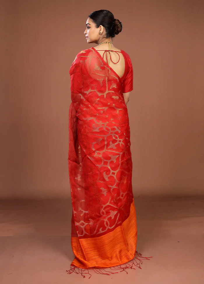 Rust Handloom Matka Pure Silk Saree With Blouse Piece - Image 3