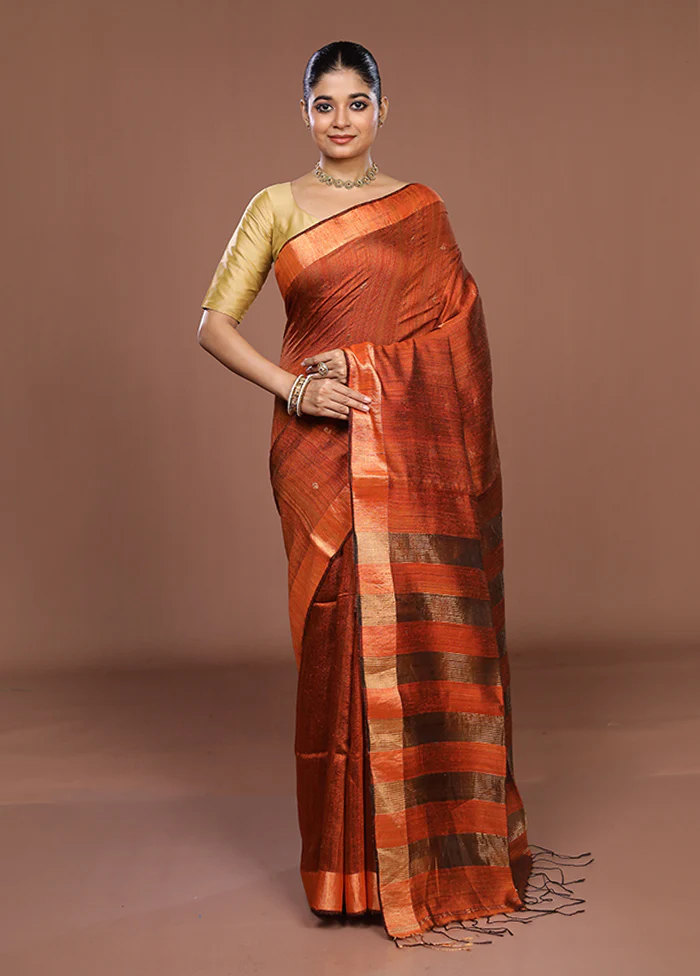 Rust Handloom Matka Pure Silk Saree With Blouse Piece - Image 2