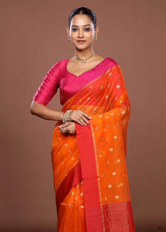 Rust Handloom Matka Pure Silk Saree With Blouse Piece