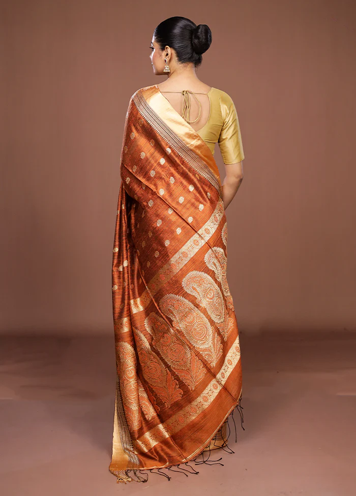 Rust Handloom Matka Pure Silk Saree With Blouse Piece - Image 3