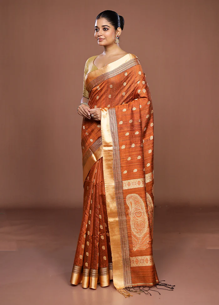 Rust Handloom Matka Pure Silk Saree With Blouse Piece - Image 4