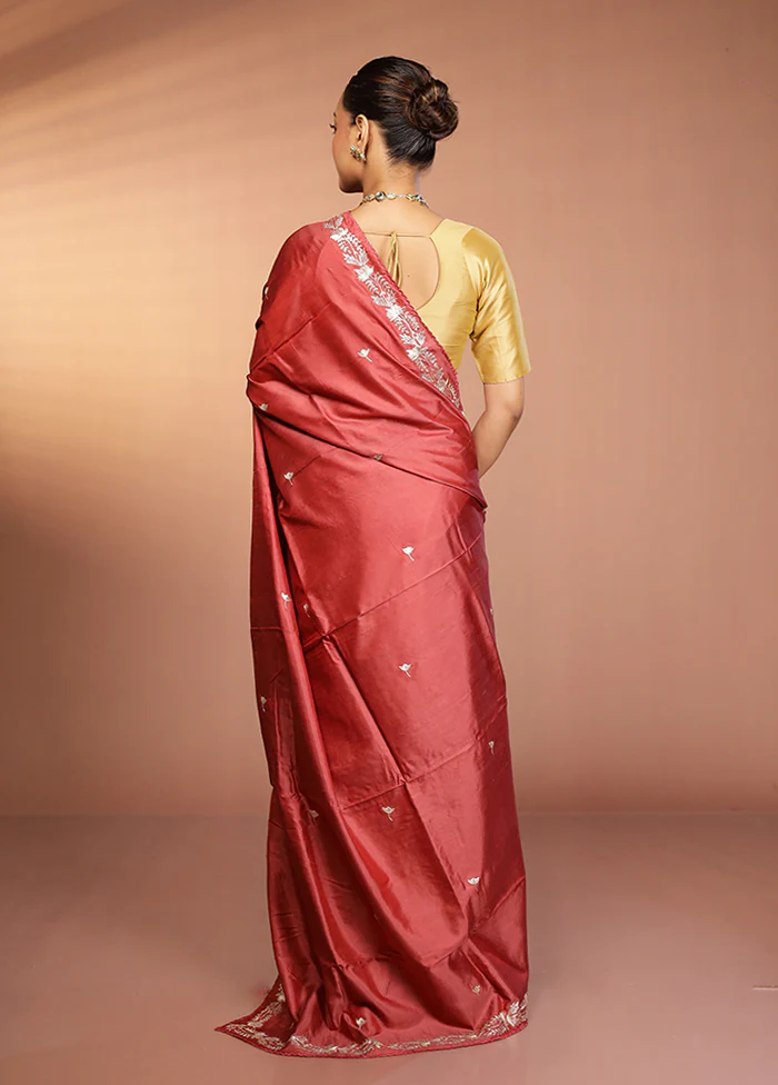 Rust Handloom Printed Pure Silk Saree Without Blouse Piece - Image 3