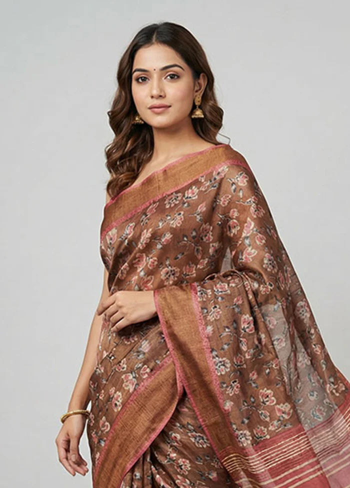 Rust Handloom Tussar Silk Saree With Blouse Piece - Image 2