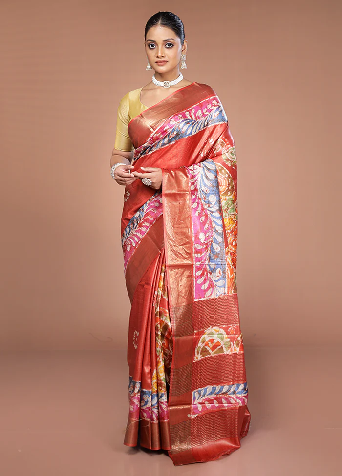 Rust Handloom Tussar Pure Silk Saree With Blouse Piece - Image 2