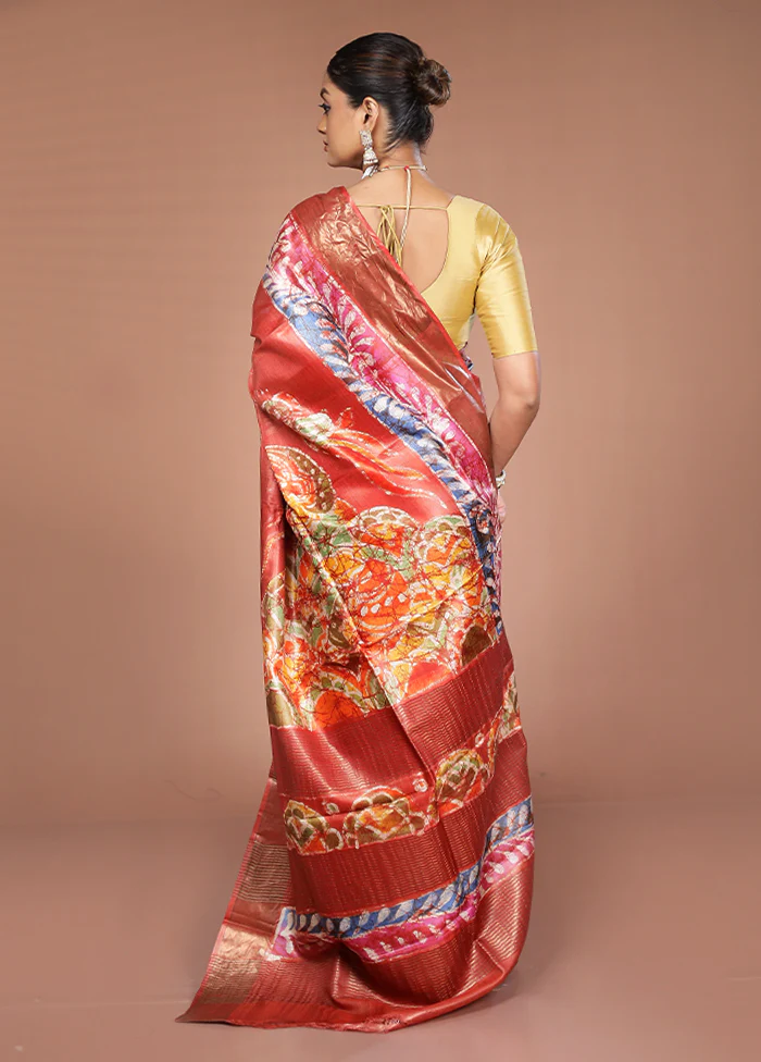 Rust Handloom Tussar Pure Silk Saree With Blouse Piece - Image 3