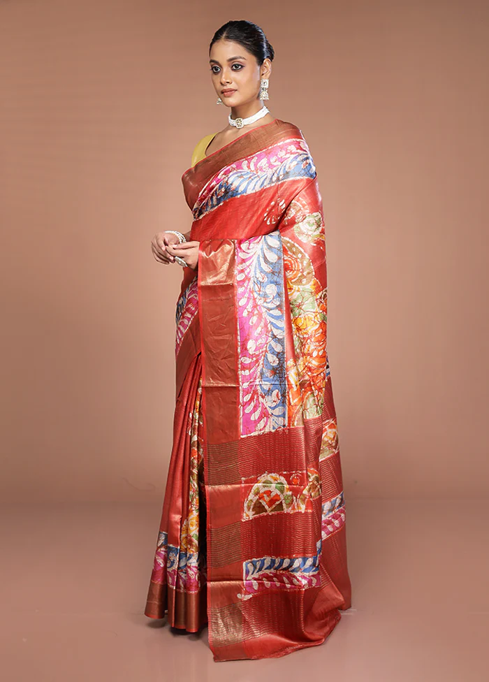 Rust Handloom Tussar Pure Silk Saree With Blouse Piece - Image 4