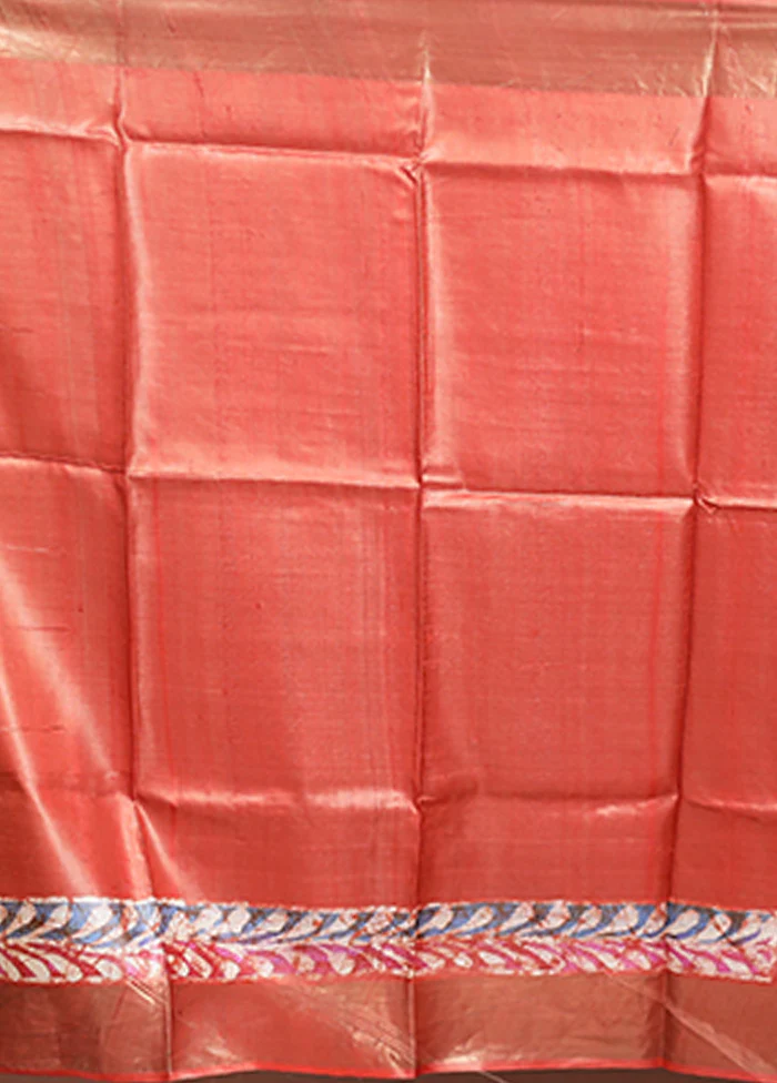 Rust Handloom Tussar Pure Silk Saree With Blouse Piece - Image 5